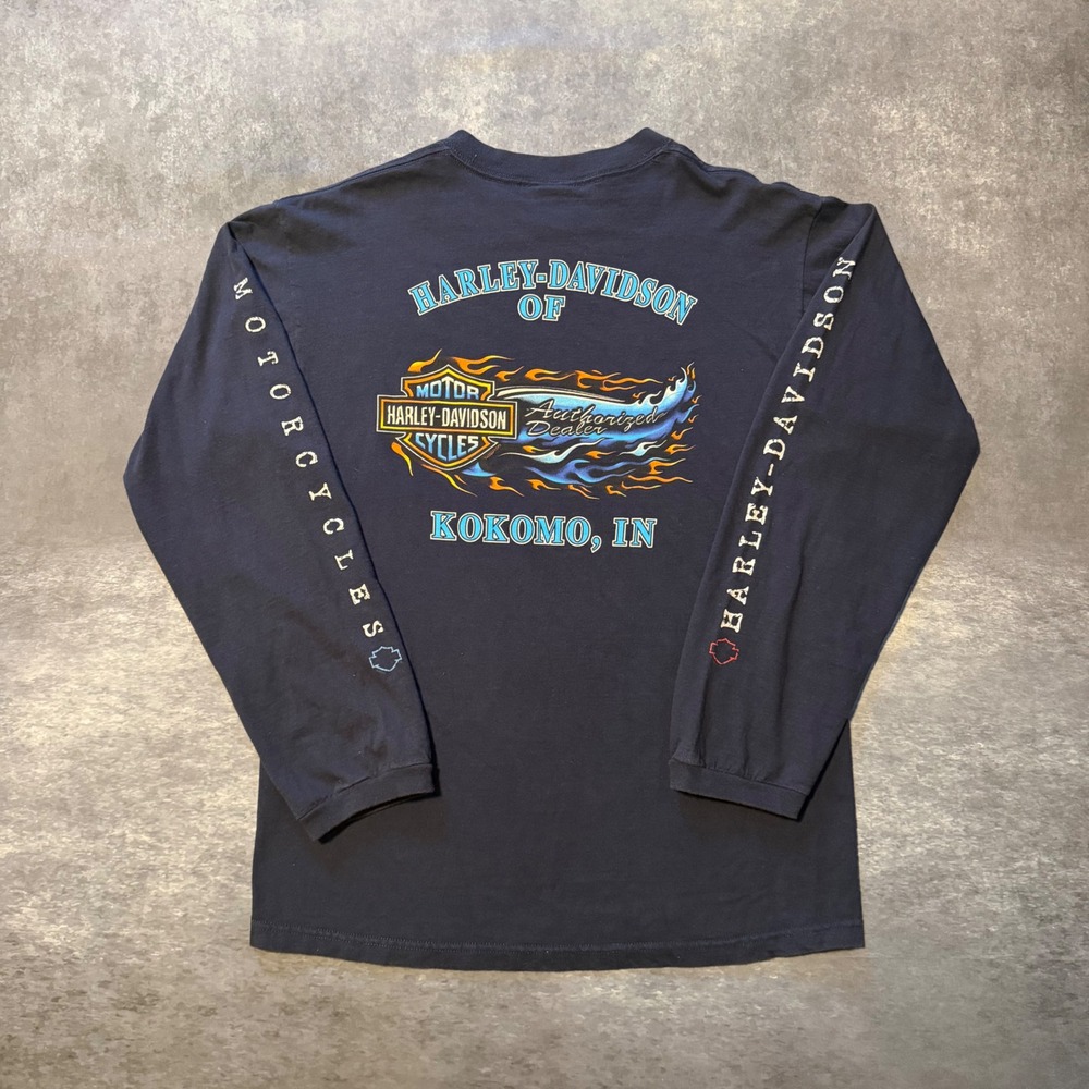 VTG 2000 Harley Davidson Kokomo Indiana Long Sleeve Shirt Men M Navy Flame Y2K